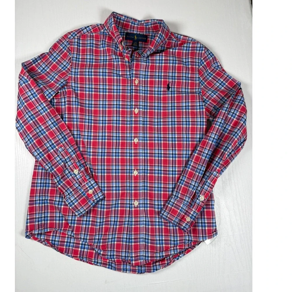 Ralph Lauren Kids Boys Red Blue Plaid Cotton Button Down Shirt Large 14-16 Pony